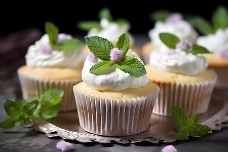 Homemade cupcakes with whipped cream and fresh mint on a dark backgroundの素材