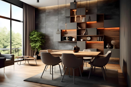 Interior of modern dining room with gray and wooden wallsの素材