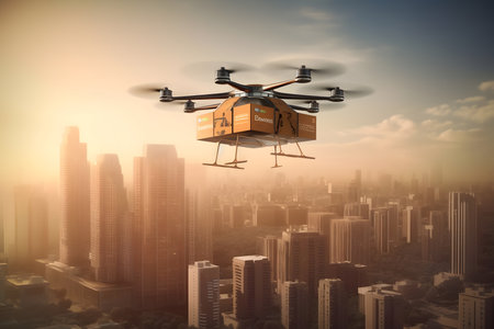 Drone delivering a parcel against aerial view of a cityの素材