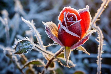 Close up frozen red roseの素材