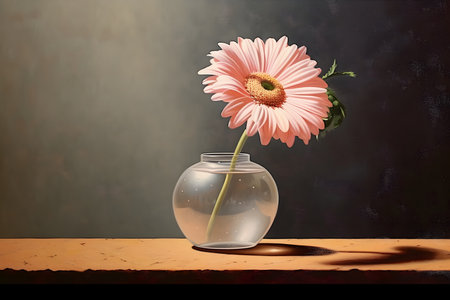 Pink gerbera flower in a vase on a wooden tableの素材