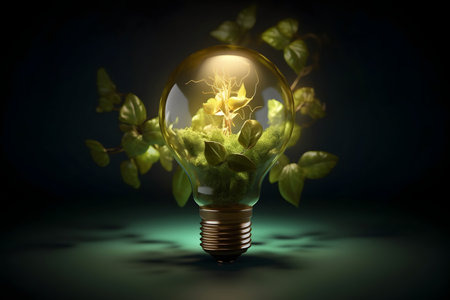 Glowing light bulb with green plant insideの素材