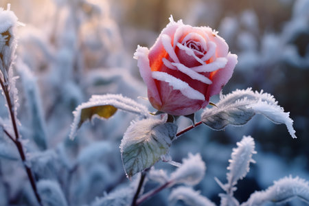 Beautiful pink rose in hoarfrost. Beautiful winter backgroundの素材