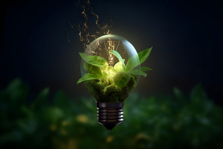 Glowing light bulb with green plant insideの素材