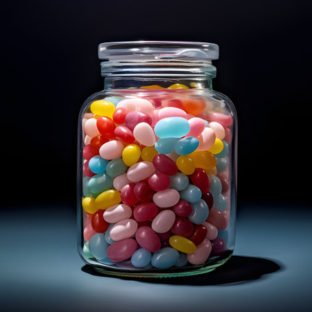 Colorful candies in glass jar isolated on black backgroundの素材