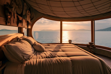 Luxury bedroom with a view of the seaの素材