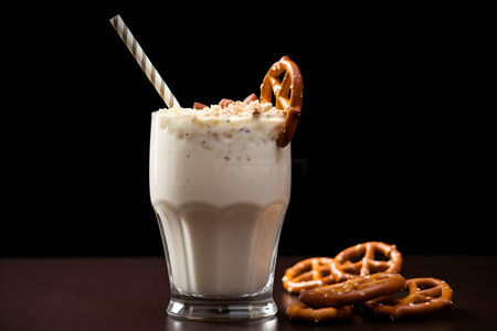 Milkshake with whipped cream and pretzels on a black backgroundの素材