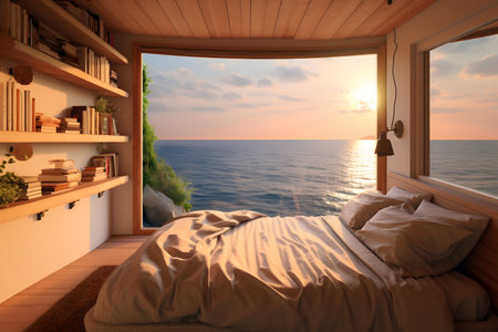Luxury bedroom with a view of the seaの素材