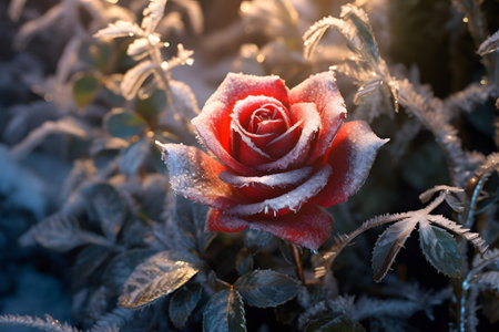 Close up frozen red rose with hoarfrost in winterの素材