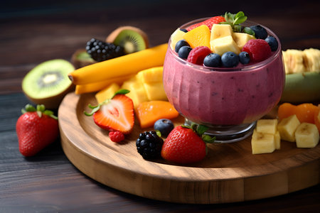 Yogurt with fresh berries and fruits on wooden table, closeupの素材