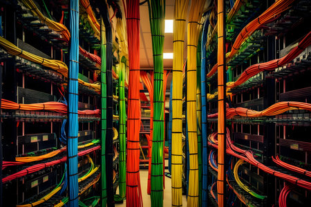 Network switch and ethernet cables in data centerの素材