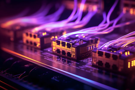 fiber optic with servers in a technology data centerの素材