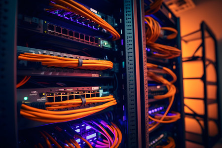 Network cables and wires in a data centerの素材