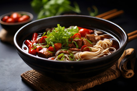 Asian noodle soup with beef and vegetables in bowl on dark backgroundの素材