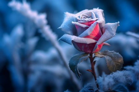 Beautiful rose in hoarfrost. Beautiful winter backgroundの素材