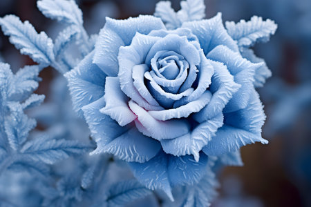 Close up of blue rose with frost on the petals. Blue rose in winterの素材