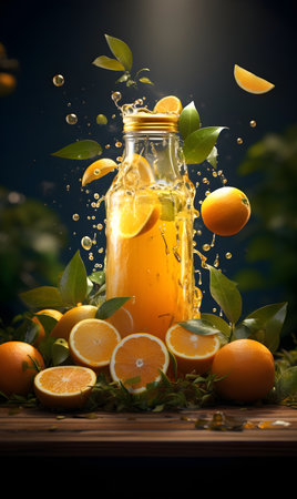 Fresh orange juice in a glass bottle with fresh orangesの素材