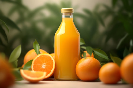 Fresh orange juice in a glass bottle with fresh orangesの素材