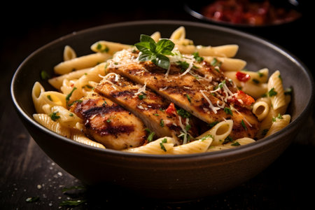 Pasta with grilled chicken fillet and tomato sauce on wooden tableの素材