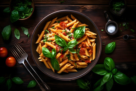 Penne pasta with tomato sauce, basil and parmesan on wooden backgroundの素材