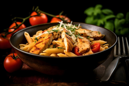 Fusilli pasta with chicken and tomatoes on a wooden backgroundの素材