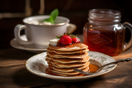 Pancakes with raspberry jam and cup of tea on wooden tableの素材