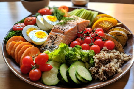 Plate of food with lean proteins, whole grains, colorful vegetables, and healthy fatsの素材