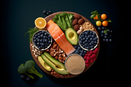 Plate of food with lean proteins, whole grains, colorful vegetablesの素材