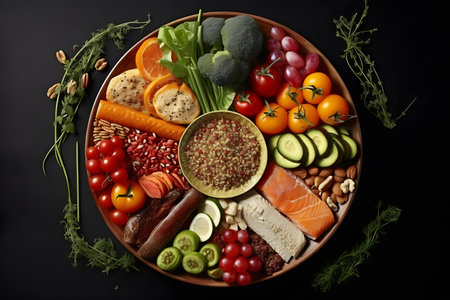 Healthy food, fish, fruits, vegetables, nuts and berriesの素材