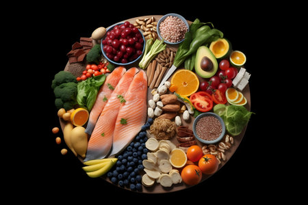 Plate of food, colorful vegetables, and healthy fatsの素材