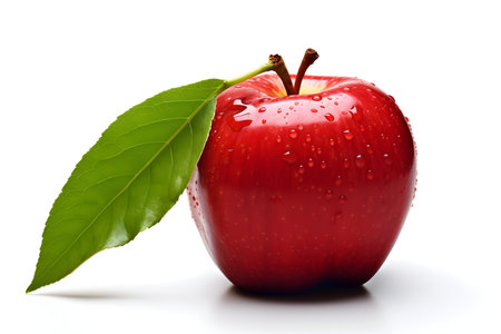 Red apple with leaf and water drops on white backgroundの素材