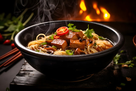 Black bowl with chinese noodles with beef and vegetablesの素材