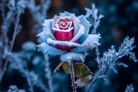 Beautiful frozen red rose in winterの素材