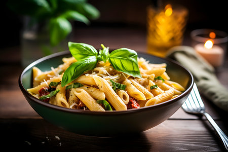 Penne pasta in black bowl on wooden tableの素材