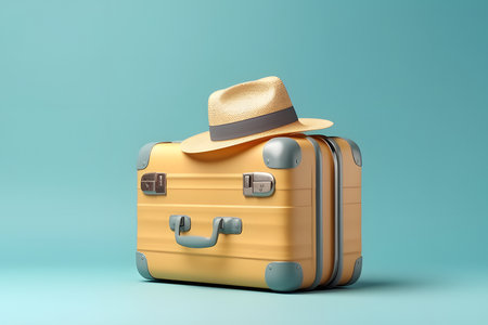 Suitcase with hat on blue backgroundの素材