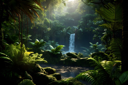 Tropical rainforest with sunbeams shining through the leavesの素材