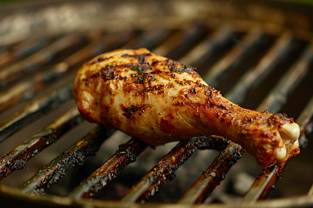 Grilled chicken on the grill with flames and smokeの素材