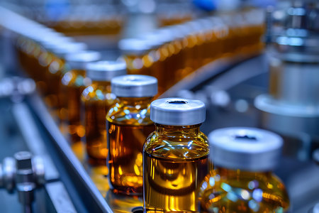 Medical vials on production line at pharmaceutical factoryの素材