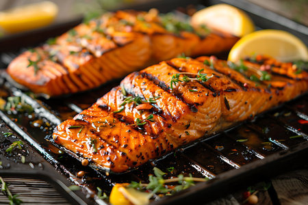 Grilled salmon fillet with herbs and spicesの素材