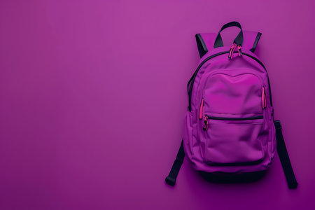 Purple backpack on purple background. Back to school conceptの素材