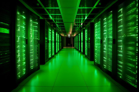 Futuristic server room with green lightsの素材