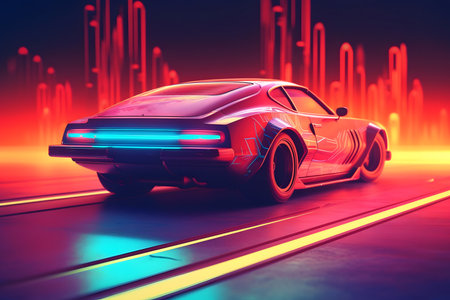 Retro car on the night cityの素材