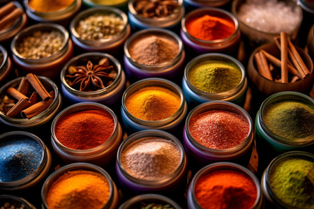 Spices and herbs in glass jars on a dark backgroundの素材