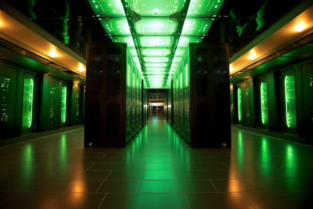 Futuristic server room with green lightsの素材
