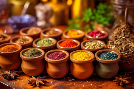 Spices and herbs in wooden bowlsの素材