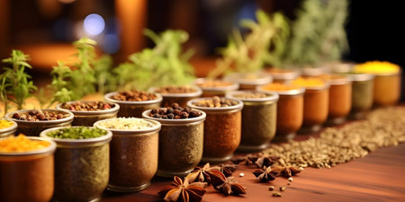 Colorful spices and herbs in wooden bowlsの素材