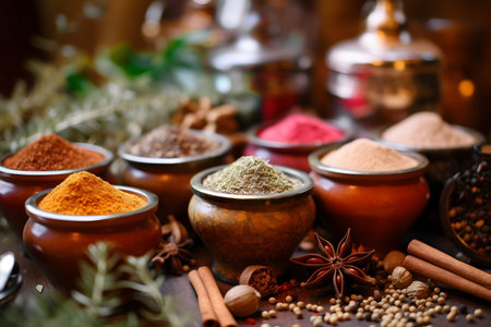 Spices and herbs on the tableの素材