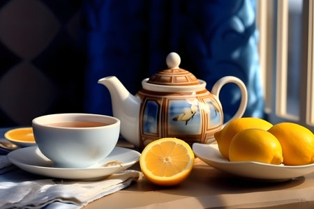 Cup of tea with lemon and teapot on the tableの素材