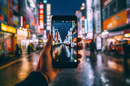 Taking night view photos using mobile phoneの素材