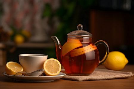 Tea with lemon in a glass teapot on a black backgroundの素材